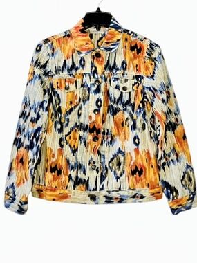 Chico’s Abstract Print Denim Jacket | Ikat Pattern |Size 0